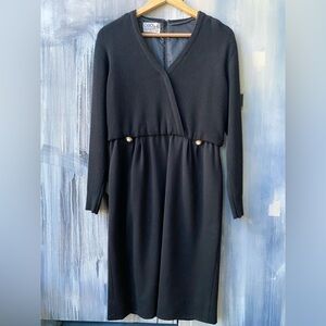 EUC Vintage CIAO Knit V-Neck Virgin Wool Black Dress Faux Pearl Buttons Size 6